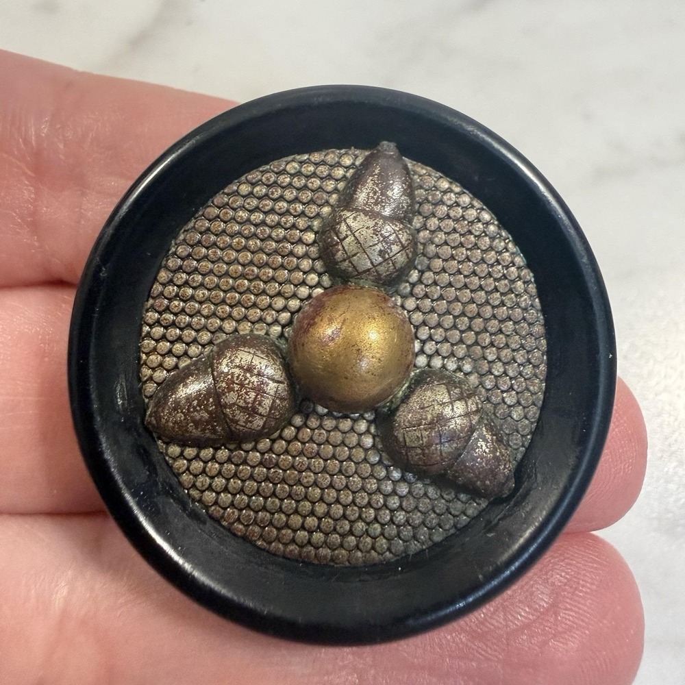 Black Bakelite 1 1/2"  Round Button Acorn Metalwork Embossed Relief Vintage
